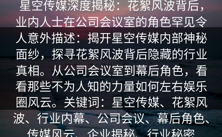 星空传媒深度揭秘：花絮风波背后，业内人士在公司会议室的角色罕见令人意外描述：揭开星空传媒内部神秘面纱，探寻花絮风波背后隐藏的行业真相。从公司会议室到幕后角色，看看那些不为人知的力量如何左右娱乐圈风云。关键词：星空传媒、花絮风波、行业内幕、公司会议、幕后角色、传媒风云、企业揭秘、行业秘密